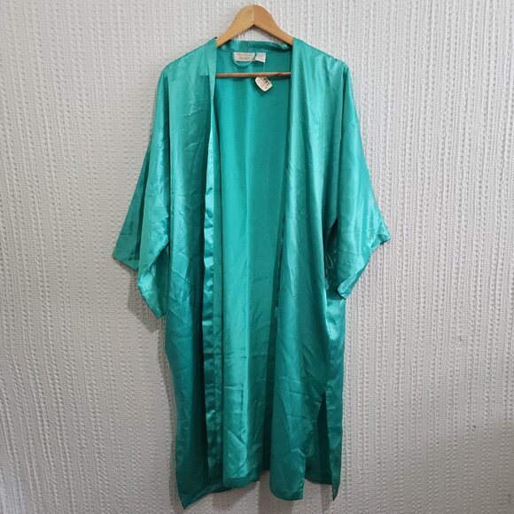 Vintage Victoria’s Secret Gold Label Satin Teal Kimono Robe One Size - Picture 4 of 13